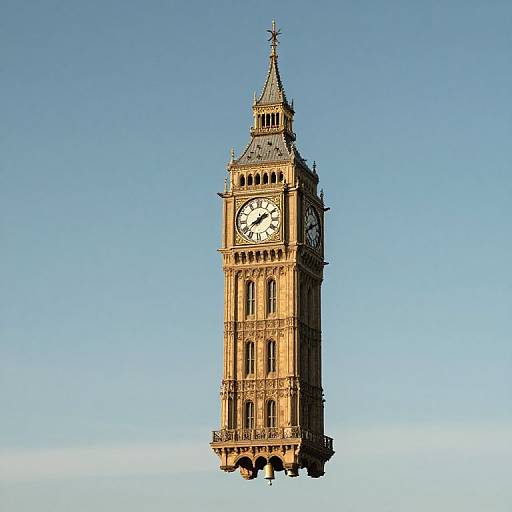 Photograph of the iconic Big Ben clock tower, standing solo against a clear blue sky, highlighting its detailed Gothic architecture and prominent clock face.