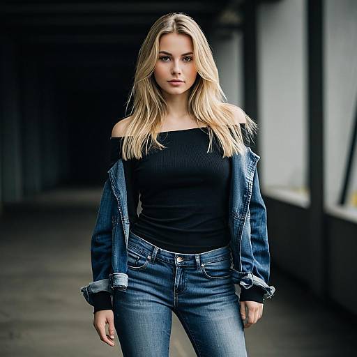 Blonde Woman in Denim Outfit