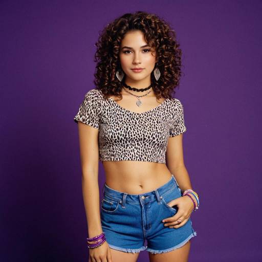Young Woman in Eighties Style Crop Top and Denim Shorts
