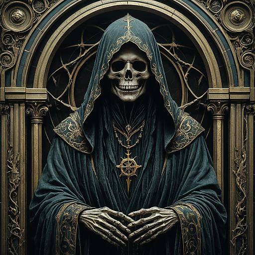 Ornate skeletal figure in dark burial shroud