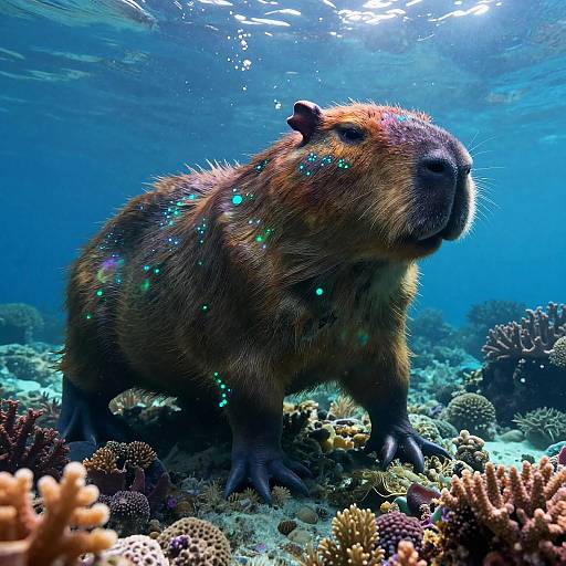 Photograph of a bioluminescent beaver underwater, surrounded by colorful coral and sea anemones, with sunlight filtering through the blue water.