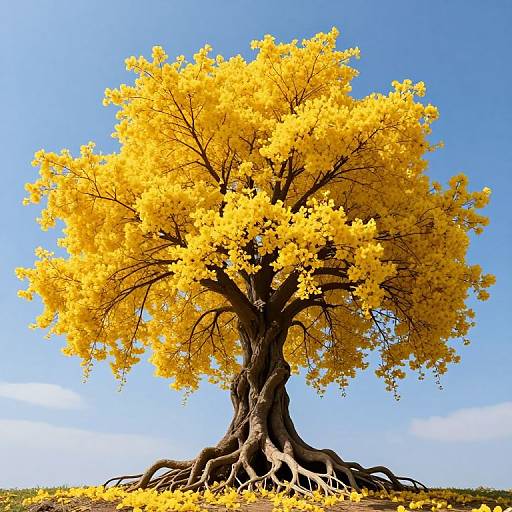 Photograph of a single, large tree with bright yellow leaves, intricate twisted trunk, and exposed roots, set against a clear blue sky.