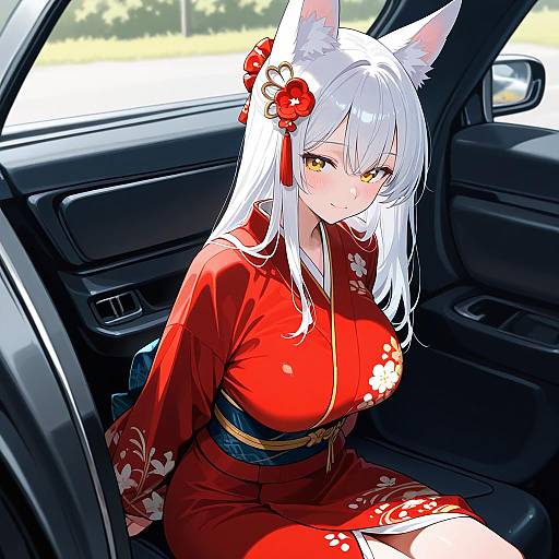 Girl in Red Kimono with Animal Ears
