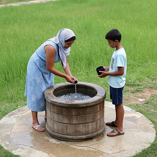 Woman Drawing Water at Well