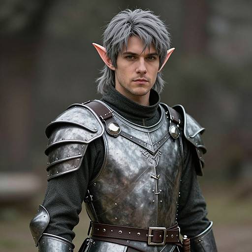 Photorealistic CGI of a serious-looking, gray-haired elven warrior with pointed ears, wearing shiny silver armor and black tunic, set in a
