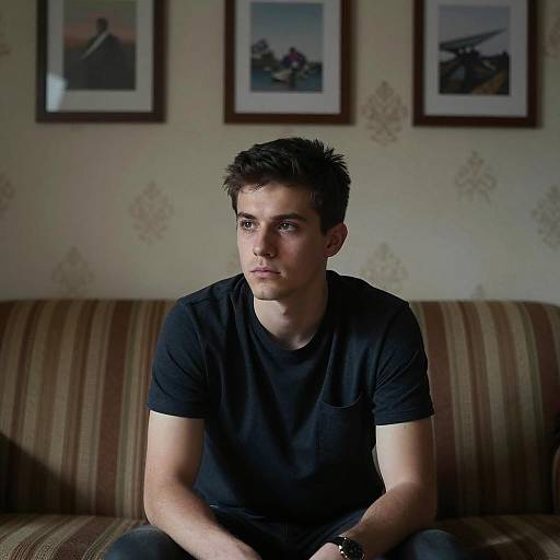 Serious Young Man on Striped Couch