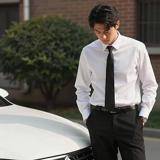 Man in Formal Attire Beside White Car