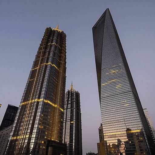 Photograph of two modern skyscrapers with reflective glass facades at dusk, one taller with illuminated golden lines, the other slightly shorter, set against