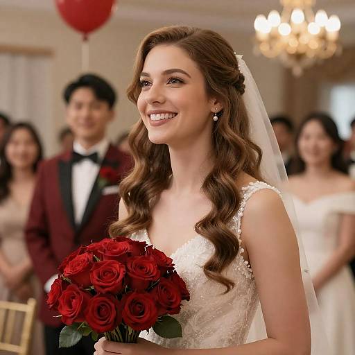 Photograph of a smiling bride with long brown wavy hair, white lace dress, and veil, holding a bouquet of red roses, in an elegant
