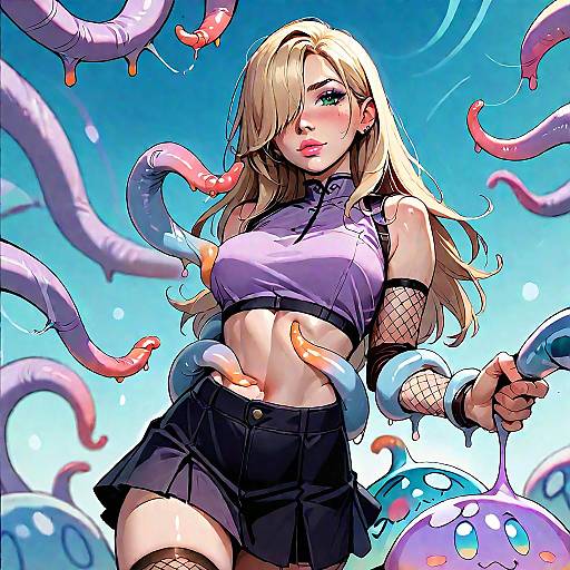 Digital anime-style artwork of a blonde woman with large breasts, wearing a purple crop top, black skirt, and fishnet arm warmers, surrounded by