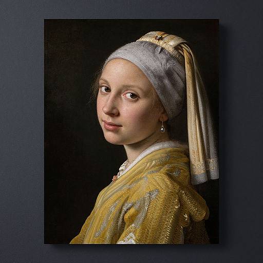 Photograph of a classic oil painting: Young woman with fair skin, brown eyes, and delicate features, wearing a yellow dress and white headscarf