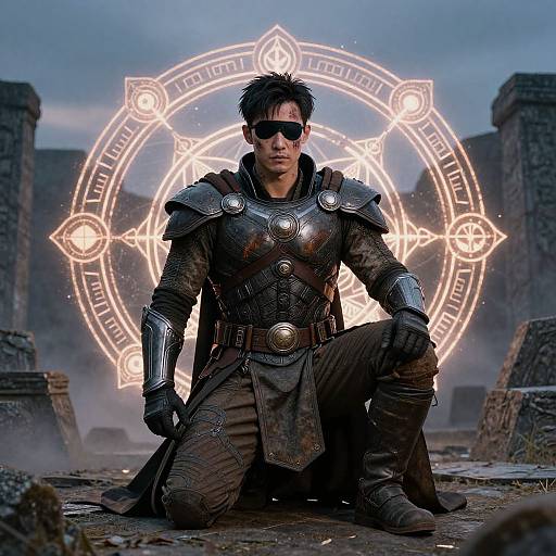 Photorealistic CGI of a dark-haired, sunglasses-wearing warrior in metallic armor, kneeling in front of a glowing magical circle, amidst a misty