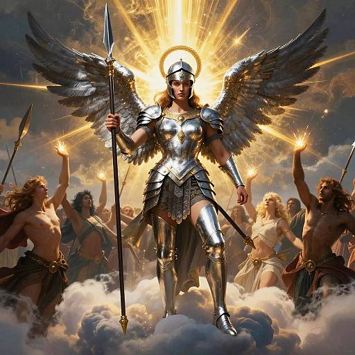 Digital art of a powerful, winged female warrior angel with radiant halo, holding a spear, standing on clouds, surrounded by cheering, shirtless men