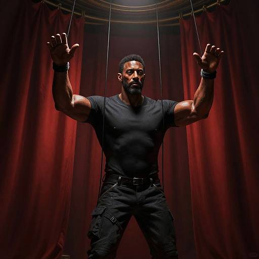 Faceless Puppet Man Behind Red Curtains