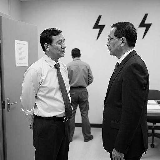 Black and White Photo of Two Men in Conversation