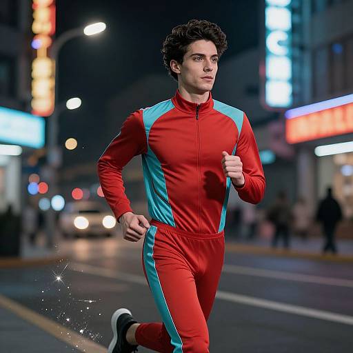 Photorealistic CGI: young man with curly brown hair, wearing red and blue track suit, running on a neon-lit city street at night.