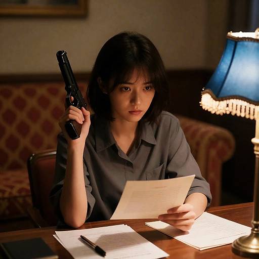 Woman holding gun and reading letter at desk