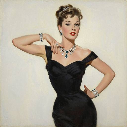 Vintage-style digital illustration of a glamorous woman in a black off-shoulder dress, adorned with jewelry, striking a confident pose.