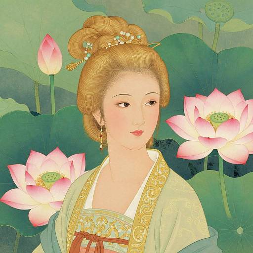 Digital painting of an Asian woman with fair skin, red lips, and intricate updo, wearing a traditional green and gold robe, surrounded by pink lot