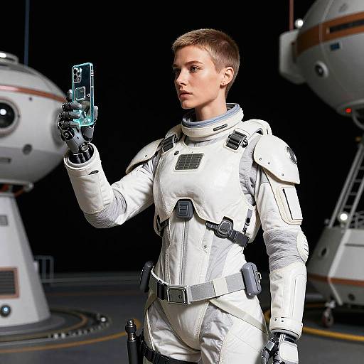 CGI image of a short-haired, serious-looking woman in white space armor holding a blue holographic device, standing in a futuristic space station with large