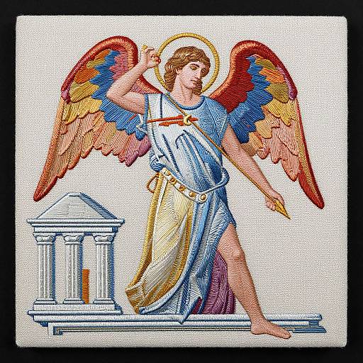 Colorful digital illustration of an angel with red, yellow, and blue wings, wearing a blue and yellow toga, standing beside a white classical column
