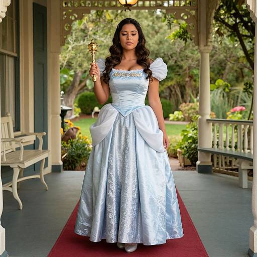 Photograph of a young woman with long, dark hair in a silver, ornate princess gown, holding a golden wand, standing on a porch with
