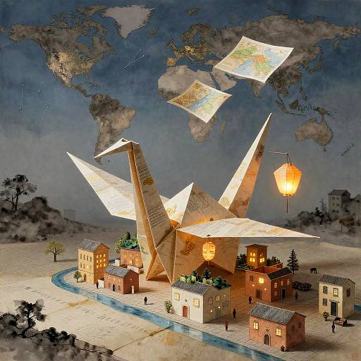 Surreal Origami Crane Cityscape with Glowing Lanterns