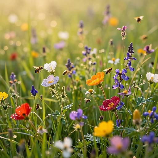 Photograph of a vibrant meadow at sunrise, filled with colorful wildflowers, including red, yellow, blue, and white blossoms, with a