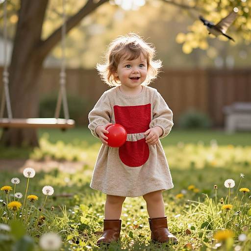 Photograph of a curly-haired toddler in a beige dress with red pocket, holding a red ball, standing in a sunny backyard with dandelions and