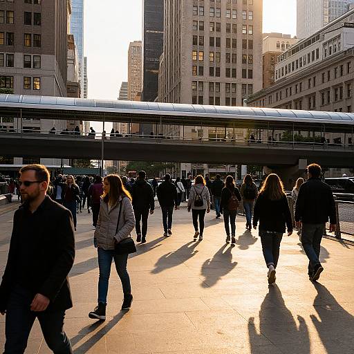 Photograph of a busy city street at sunset, people walking, long shadows, modern architecture, sunlit buildings, urban crowd, overpass in background