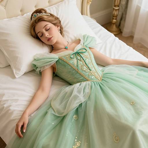 Photograph of a fair-skinned young woman with closed eyes, wearing a mint green, glittery princess dress and tiara, lying asleep on a
