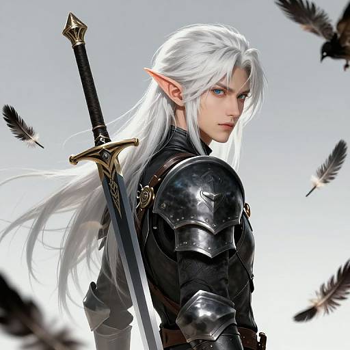 Digital art of a white-haired, elven warrior with pointed ears, wearing black armor, holding a sword, and surrounded by flying feathers.