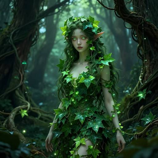 Photorealistic digital artwork of a green leaf-covered, glowing-eyed, elf-like woman with pointed ears in a dark, enchanted forest, surrounded by eth