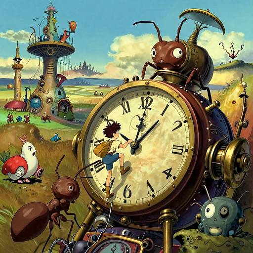 Whimsical digital illustration of a giant clock with anthropomorphic ants and creatures, set in a vibrant, surreal landscape with rolling hills and fantastical towers