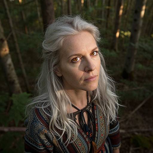 Photograph of a fair-skinned woman with long, wavy silver hair, wearing a patterned black blouse, standing in a sunlit forest,