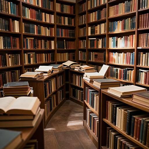 Photograph of a dimly lit, wooden library corner filled with neatly arranged bookshelves, stacked books, and open books on top. Warm,