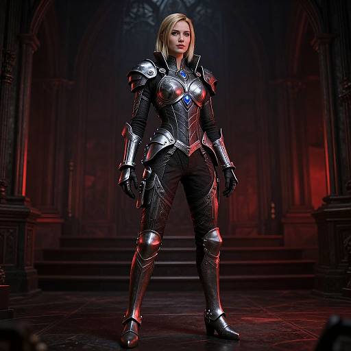 Blonde woman in detailed, reflective, black and silver medieval armor stands confidently in a dark, gothic cathedral with red lighting. Photorealistic CGI