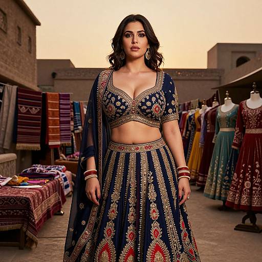 Photograph of a confident South Asian woman with medium skin tone, dark wavy hair, wearing an ornate blue and gold traditional outfit, standing in