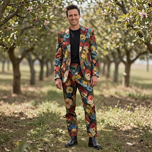 Photograph of a smiling man in a vibrant floral suit, black shirt, and black boots, standing in a sunlit orchard.