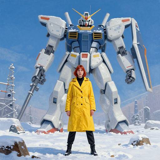 Photograph-style digital art of a red-haired woman in a yellow coat standing in front of a large white mecha robot in a snowy landscape with clear
