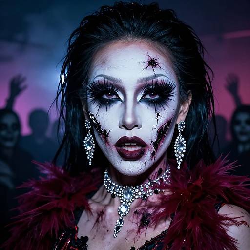 Gothic makeup photograph of a woman with white face paint, black blood streaks, dark lipstick, star-shaped mark, sparkling jewelry, red feather