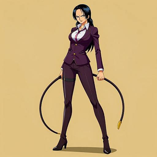 Digital anime-style drawing of a confident, black-haired woman in a dark purple suit, holding a whip, standing against a yellow background.