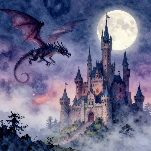 Digital painting of a gothic-style castle under a full moon, with a dark, menacing dragon flying above, surrounded by mist and trees.