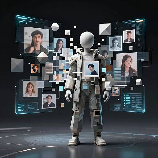 Photorealistic CGI: Robot with white head and grey body stands on dark stage, surrounded by floating, holographic portraits of smiling people.