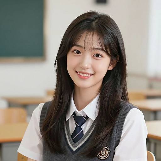 Photograph of a smiling Asian girl in a white shirt, black tie, and gray school sweater, seated in a brightly lit classroom.