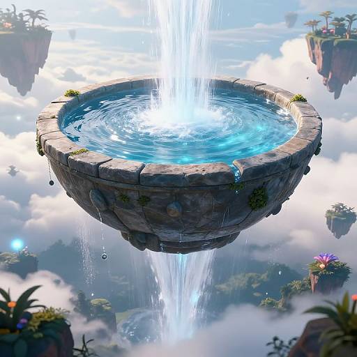 Floating stone basin with cascading waterfall, surrounded by floating islands with lush greenery and purple flowers, set against a cloudy sky. Digital fantasy artwork.