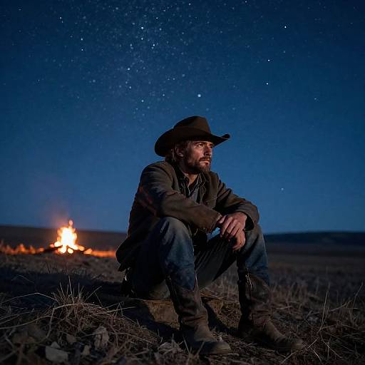 Melancholic Cowboy Under Starry Sky
