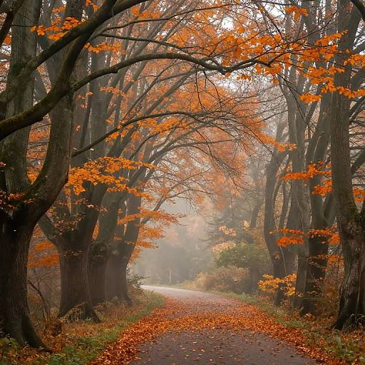 Photograph of a misty autumn forest path lined with tall, dark trees adorned with vibrant orange leaves, with fallen leaves covering the ground.