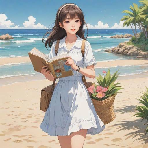 Manga Style Girl Reading Book on Sunny Beach