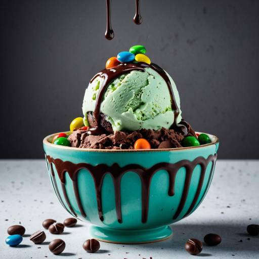 Mint Chocolate Ice Cream with M&Ms in Blue Bowl